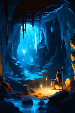 A hidden cave filled with glowing crystals and magical creatures. whit a man who has sword and magic staff