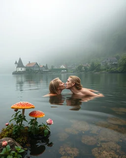 Portrait Romantic European blond couple swimming kissing together in lake Wonderful landscape fantasy early morning heavy fog photography art Rivendell village,lake,magical forest and houses,beautiful mushrooms,roses flowers,little waterfall,lake,close up photo beautiful romance couples on swimming together in lake