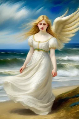 Angel with blonde hair and a white dress on the beach in the style of Renoir