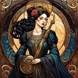 create an ethereal, darkly magical art nouveau illustration of an epic female Andalusian guitarist with highly detailed and deeply cut facial features, in the style of GUSTAV KLIMT , ALPHONSE MUCHA , and CHARLES RENNIE MACKINTOSH, combined with searing lines and forceful strokes, precisely drawn, boldly inked, and darkly colored