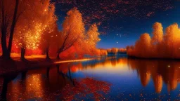River, trees with golden and red leaves, autumn, a beautiful night sky, visible galaxies