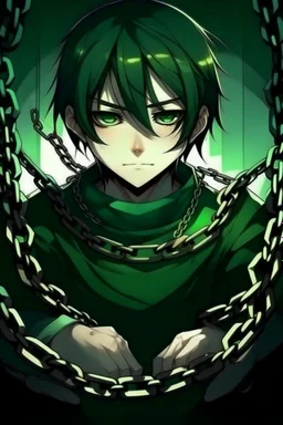child boy in chains, cold and emotionless look coming from him, black hair, green eyes, Dark green background, a cut on his cheek, the bottom is full of chains, he is tied to his hands by handcuffs made by chains, anime style
