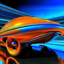 award winning car and driver photograph of a futuristic UFO station wagon designed by an unknown alien civilization, only one vehicle per image painted metallic orange traveling at a high rate of speed,the rear with bright blue flame, bilaterally symetrical