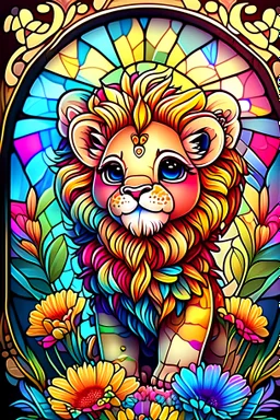 colorful kawaii cute splendid lion cub, perfect flowers, bright deep vibrant color, high detail, 3D vector art, cute and quirky, fantasy art, centered, in frame, stained glass