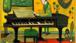 Lonely pianist, folk art surreal; mid-20th century naive art, abstract,