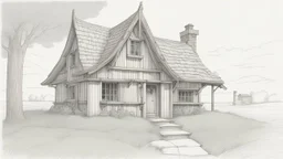 A front elevation fine line drawing of a fantasy wooden cottage reminiscent of the Burrow from Harry Potter