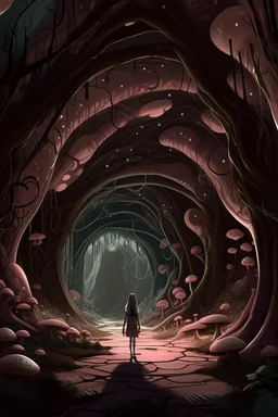 A surreal scene a tunnel-like structure filled with intertwined mushrooms trees , The tunnel is lined with countless writhing aliens bodies, creating a chaotic and nightmarish atmosphere. At the end of the tunnel, a solitary beautiful girl figure walks towards a distant light source, casting a glow that illuminates the scene. The overall color palette is muted with shades enhancing the ominous and unsettling mood. The level of detai