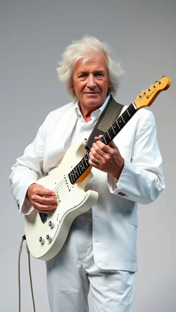 John linen in his 70th old , all dressed in white holding a white guitar white background all white picture including his hair