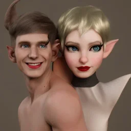 male human and female elf, elf portrait, portrair, elf head, elf face, big eyes, smile, red lipstick and black eyliner, fantasy, happy, 8k resolution, high-quality, fine-detail, fantasy, incredibly detailed, ultra high resolution, 8k, complex 3d render, cinema 4d