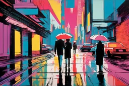 classic painting of a futuristic cyberpunk colourful walkway with two people making an exchange in the city with pollution by andy warhol. umbrella