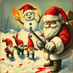 there is no kebabs at christmas, evil Santa, evil gnomes running around, staring flaming eyes, evil Rudolf, very big evil angry Frosty the snowman in background, kebabs and kebab, 1940 christmas postcard, blood stains, scared kerubs, Santa holding a knife