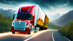 A Tesla semi-truck is racing at top speed, across the 'Jurassic Park' island. CINEMATIC. WIDE ANGLE LENS.