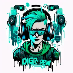 -shirt design, cyberpunk, art 8 boys for style tattoo, blue green hair, headphone, sound system, with text "digi & crew". Grafity style. White background.