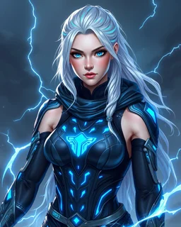 Aria Stormweaver - The Cyber-Fae Court Mage Heritage: Nordic-Celtic fusion with ethereal fae bloodline Profession: Royal Court Technomancer and Storm Controller Appearance: Platinum blonde hair with electric blue streaks that pulse with power, ice-blue cybernetic eyes, athletic build enhanced with silver bio-tech implants along arms Abilities: Weather manipulation through quantum processors, can interface with both ancient ley lines and modern tech networks Background: Former street hacker who d