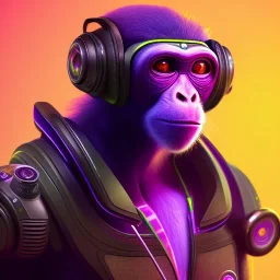 A beautiful portrait of a cyborg monkey purple neon color scheme, high key lighting, volumetric light high details psychedelic background