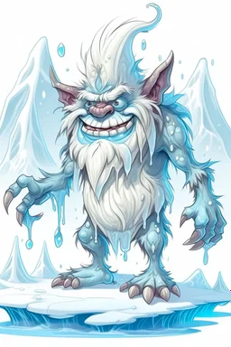 fantasy cartoon style illustration: mischievous Snow Troll. The troll is big, burly creatures with icicles hanging from his long, pointy nose.