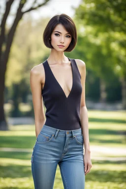 full body in full height, lady, beautiful face, stunningly beautiful, beauty in perfection, domineering, dark brown short hair, narrow cheeks, ultra slim, ultra fragile. physique, slim body, very flat chest, flawless skin, charming, very narrow face, very pale, light eyes. clothes in jeans and sweaters, in the background there is a park, high resolution 8K, clear and beautiful detail, Ultra HD full-length, full-length.