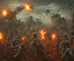 Zombie horde, explosions, earthquake, brown, red, guns, bullets, mutants, war of the worlds, cyborg