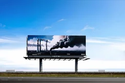 surreal full color photograph, long shot of a billboard on side of a highway containing a modern mural of giant smokestacks spewing thick dark billowy smoke that transgresses the billboard pouring into the real sky congealing into a cloud on the horizon, surreal, sophisticated, profound, dramatic