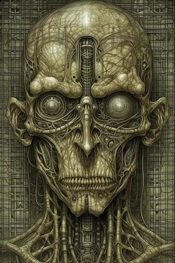 The full body of strange face or an old man , a thin line draw ،front view camera, decayed and rotting with grotesque proportions and imagery. surreal horror, eye mask on the face , biomechanical design, by hr giger and beksinski , Busch painting style