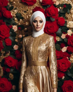 Luxury potrait of a beautiful super model hijab beauty makeup cosmetic,she wearing islamic a luxurious details pattern color gold and black casual jacket with designed large flower details that resemble roses.The dress has an asymmetrical design with one sleeve and a flowing skirt.background of the image shows a red carpet event with floral decorations,close-up portrait