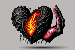 A black hand made out of black smoke violently crushing an anatomically correct heart