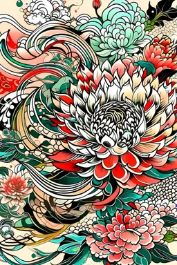 Create a captivating modern tattoo design for print , prestigious floral competition using the elegant influences of japan art style, for print, dynamic elements from fashion and design, and bold Pop Art aesthetics. centralized