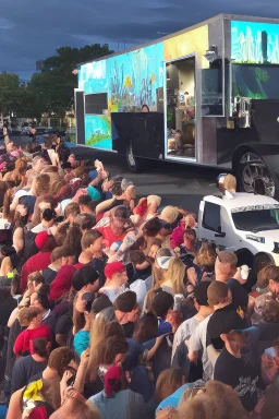 stadium sized crowd waiting in line for awesome looking food truck that has a bunch of bright paint and flashy lighs