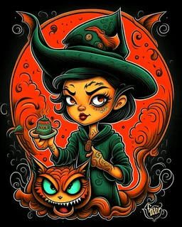 Lowbrow Pop Surrealism Trick or Treater tattoo design, traditional tattoo style, t-shirt design, fantasy art, digital painting, clean dark background, 8K