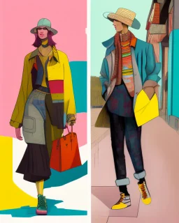 whimsical arafed nonsense, patchwork vibe, a young woman and a young man are strolling down a rainy whimsical downtown street with their arms linked, (((exaggerated body parts))), (((oversize head))), sharp color contrasts, amazing shadows, (((exaggerated limbs and head))), minimal cozy, warm palette, bright bold warm summer colors with yellow orange black colors, color leak, heavily distorted views, amazing parallels