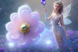 one big crystal subtle flower in a galactic ambiance, transparent petals, delicate colors, in the foreground, with a very little beautiful fairy, full of details, smooth, bright sunshine，soft light atmosphere, light effect，vaporwave colorful, concept art, smooth, extremely sharp detail, finely tuned detail, ultra high definition, 8 k, unreal engine 5, ultra sharp focus