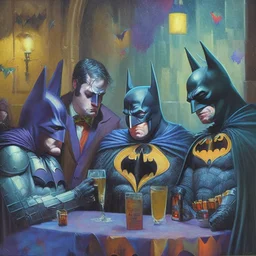 An oil painting of a dark universe masonic sad drunk batman convention, diferent colors batmans, multi colors