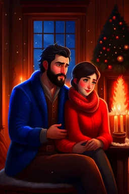 Fire place Christmas scene, dark haired couple, man with short black beard, blue eyes, cozy, young couple, high definition, graphic
