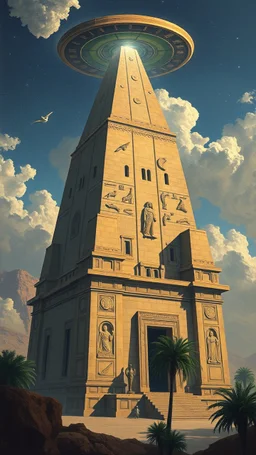 Bosch painting style building the Egyption paramount by giants and ufo spaceship