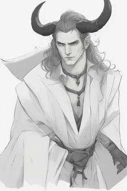 A dnd character portrait, a tiefling man with long hair and two black horns, white eyes and pale skin. Handsome. Young.