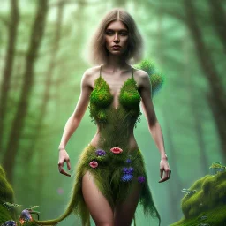 upper body of yohan diniz, fast walker, as a young cute feminine woman, short hair, green forest background, stream, mega flowers, tiny birds of many colors