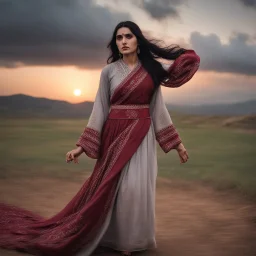 Photographic Long Shot View, Pakistani, Pashto, Cultural, Sad Woman, Beautiful, Beautiful Cloudy Sunset, Wearing Traditional Grey Dress Maroon Embroidery & White Dupatta, Black Hair Whirling, Subtle Sad Expressions, Beautiful Eyes, Stressing Vibes, Cinematic & Dramatic Ambiance.