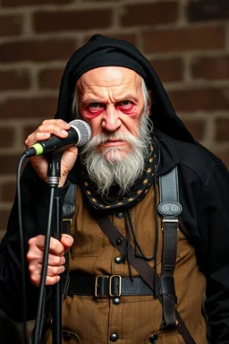 A old man in old boring costume, lookin very angry and bitter, he is holding a microphone and he was a member of an old punk music group before