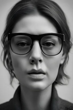 el rostro de una mujer con gafas totalmente oscuras y con expresión seria en blanco y negro que no se ven los ojos, que solamente se vea su rostro y cuello que no se vean sus ojos, gafas mas oscuras que su expresión sea más seria, mucho más seria casi triste que las gafas sean totalmente oscuras