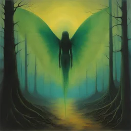 [art by Zdzisław Beksiński: sadness, alcoholism, toxic forest] The weirder the better. Alcohol, a dangerous elixir, only worsened Tinkerbell's struggles. Her once radiant wings dulled, her spirit withered. Lost and disconnected, her emerald eyes now reflect profound sadness. Clutching the stolen glass, she seeks solace in its warmth. The forbidden vessel mirrors her desires. Longing and hesitation dance in her gaze. The amber liquid sways, casting a glow upon her face, mirroring the flickering f