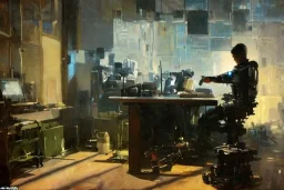 a painting of jeremy mann, a close up view of a robot android man writing on desk, dramatic vignette, dramatic lighting, ( ( ( ( ( 1 9 5 0 s retro future robot android muted colors. ) ) ) ) ) by jean - baptiste monge!!!!!!!!!!!!!!!!!!!!!!!!!!!!!!