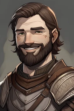 20's male, brown hair, medium armor, small smile, beard