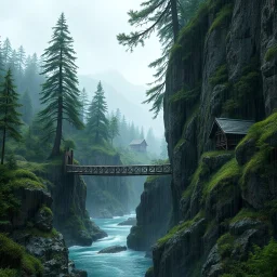 rany day, close a visible from the side one massive wooden bridge connects the over two gorge, between two tall rocky shores, sprawling, tall alien trees on both shores, log wooden houses in the distance in the background, rainy landscape, lush vegetation in shades of green and blue on earth, massive trees,, high detailed, fantasy, cinematic style, high photorealistic