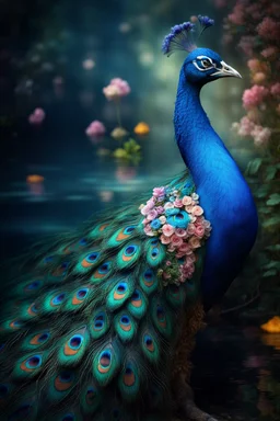 Create a picture of a strange colorful peacock standing near its twigs of branches and flowers lying on the river bank, decorated with flowers, highly detailed, maximalist, dreamy setting, high fine defined details, sharp, high resolution HDR 8x Modifiers: crisp quality Joris Hoefnagel Antonis Fylladitis velvety Lawrence alma tadema