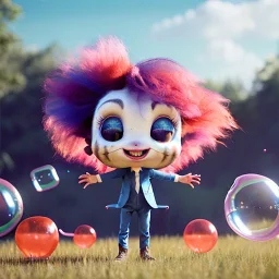 Ultra realistic circus scene. Sweet big hair monster flying, playing with Child’s, smile, happy, color bubbles, smooth color, waist up view, Wes Anderson style, a lot of people background, highly detailed, concept art, unreal engine 5, god rays, ray tracing, RTX, lumen lighting, ultra detail, volumetric lighting, 3d, finely drawn, high definition, high resolution.