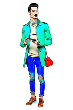 Modern guy, 20s, "holding ipad in left hand", looks like a "renaissance painting look", walking forward, full body, "persian green jacket", blue pants, "right hand pointing to the ground". "Front facing" "forward view" white background