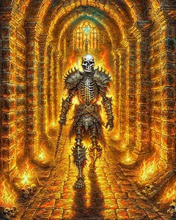 A frightening castle dungeon hallway with a skeleton warrior in rusty chainmail holding a burning torch painterly rpg art