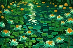 A bluish green river with lilies painted by MC Escher