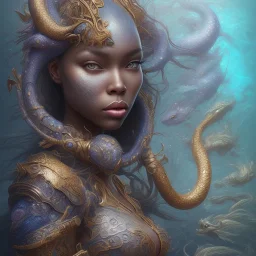 sango fantasy, fantasy magic, intricate, sharp focus, illustration, highly detailed, digital painting, concept art, matte, artgerm and paul lewin and kehinde wiley, masterpiece sexy lips Asian afro lips black African lady body mermaid blue Dragon head golden space lady sea under water mermaid pretty