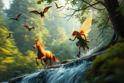 volumetric light, oil painting ,evening and motion blur running caped long haired pixie Quickling - Forgotten Realms dodging flying bats above water fall and along winding branches in lush green forest along speeding horses , bokeh like f/0.8, tilt-shift lens 8k, high detail, smooth render, down-light, unreal engine, prize winning